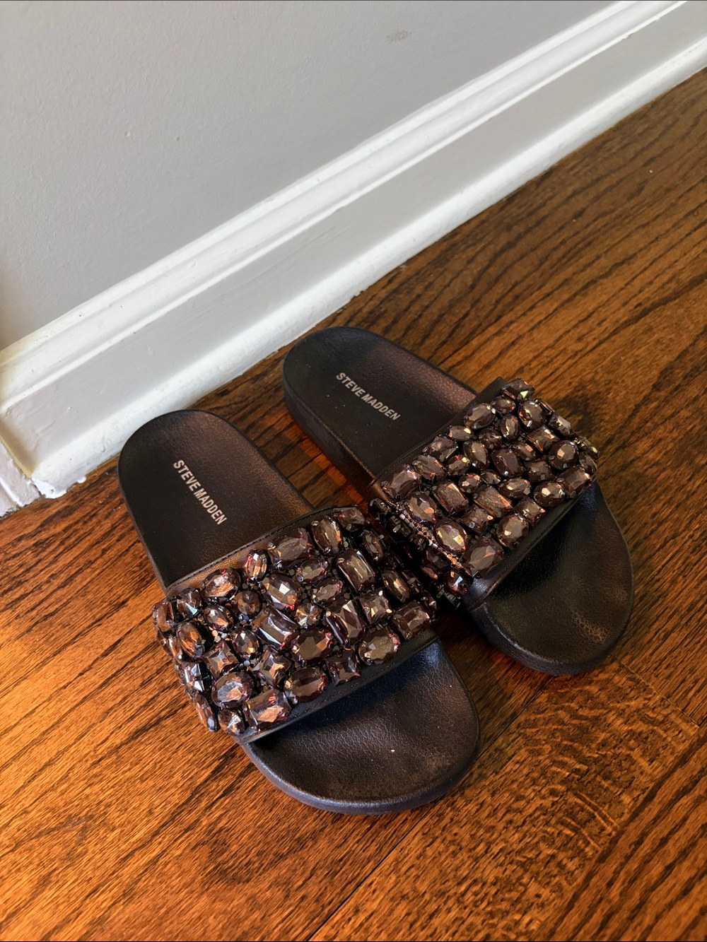 Steve Madden Black Slides with Smoky Crystal Embellishments